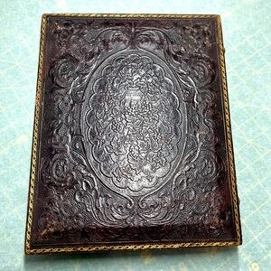 Antique Leather Photo Case, Double Photograph, Gold Foil, Missing Hook, 1860s